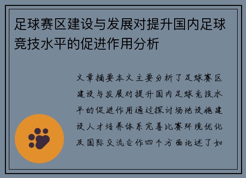 足球赛区建设与发展对提升国内足球竞技水平的促进作用分析