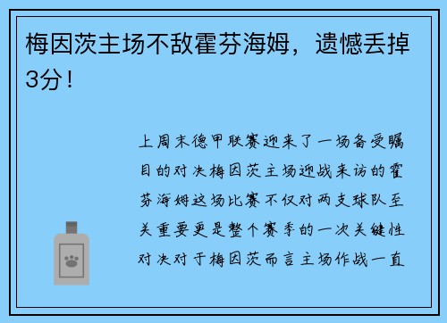 梅因茨主场不敌霍芬海姆，遗憾丢掉3分！