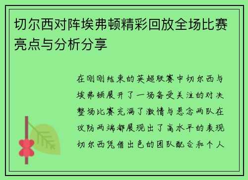 切尔西对阵埃弗顿精彩回放全场比赛亮点与分析分享