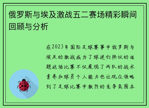 俄罗斯与埃及激战五二赛场精彩瞬间回顾与分析