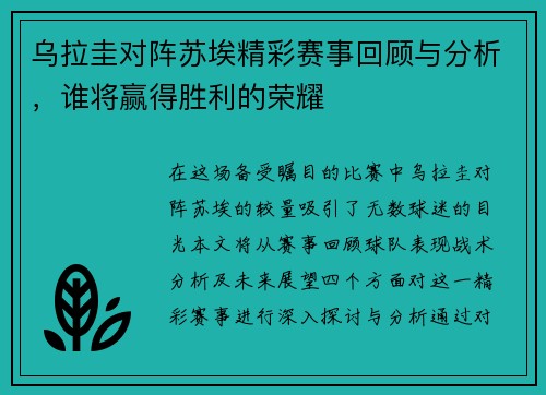 乌拉圭对阵苏埃精彩赛事回顾与分析，谁将赢得胜利的荣耀